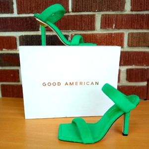 NIB Good American Square Toe Terry Slip-On High Heel Sandals in Green Sz. 6